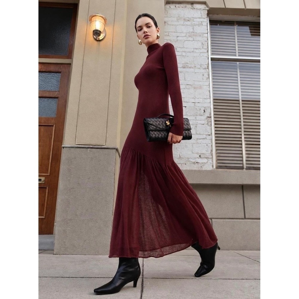 Commense Burgundy Mock Neck Pleated Panel  Maxi Sweater Dress  Size S